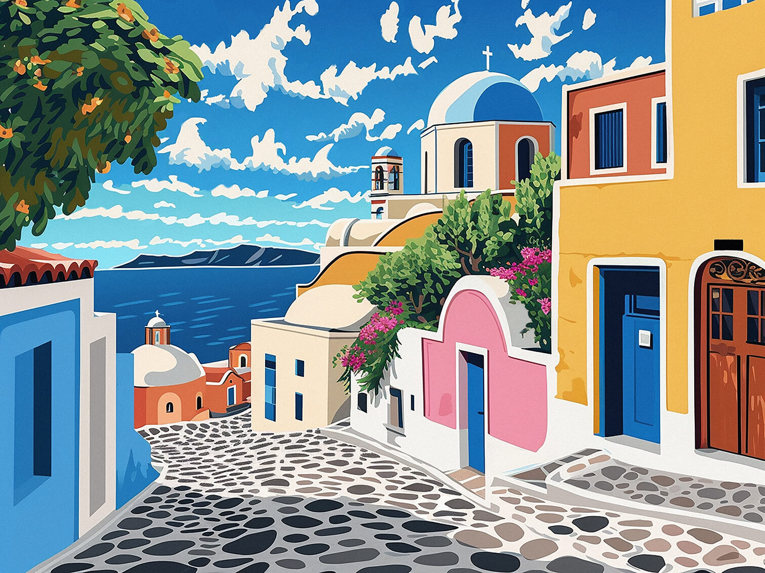 Greek island street, 60x80 cm, original acrylic painting on canvas