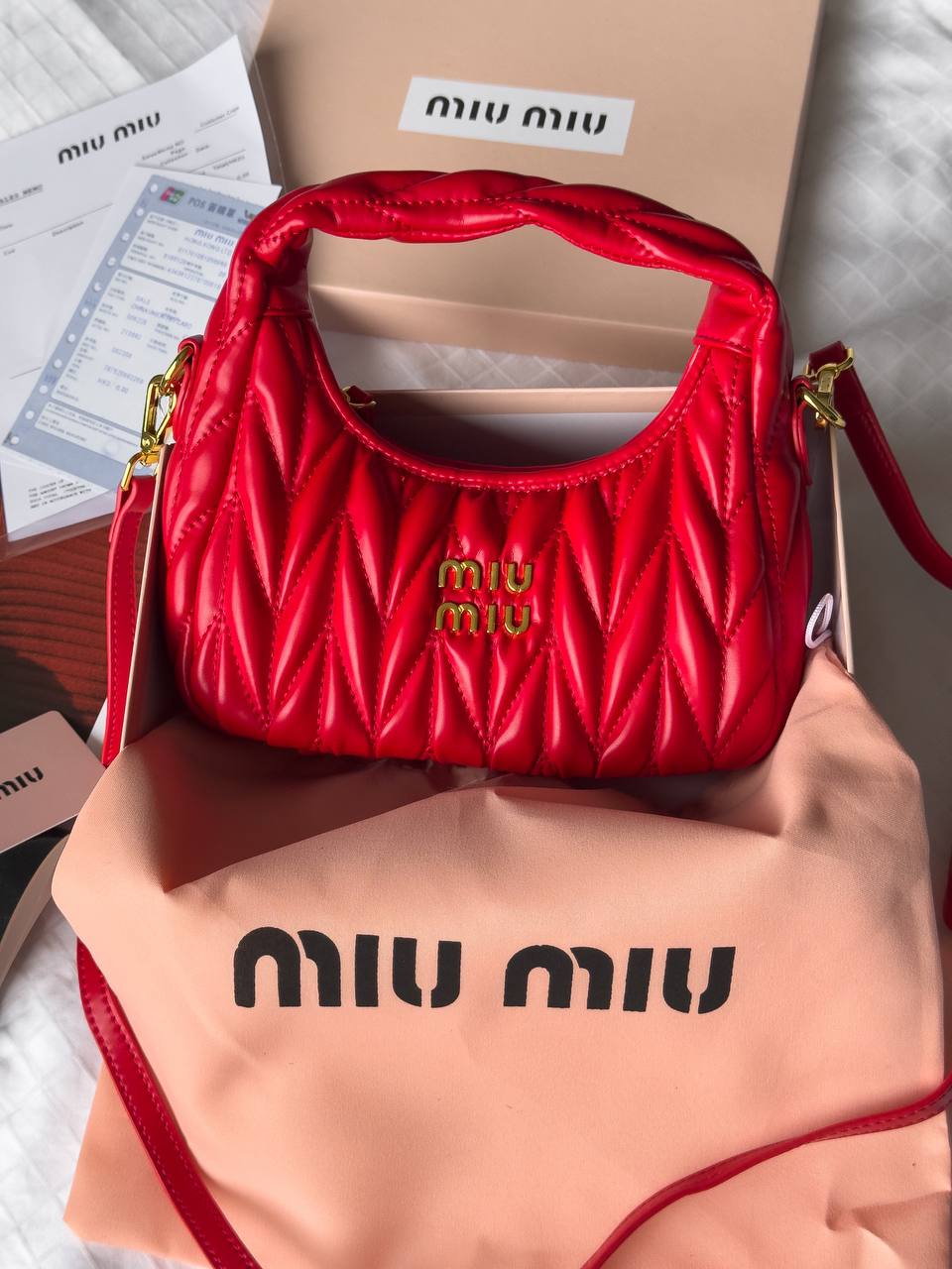 Miu Miu Wander Matelassé Nappa Leather Mini Hobo Bag Red
