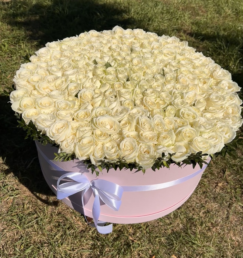 Композиція в коробці з 201 білої троянди "Аваланч"
