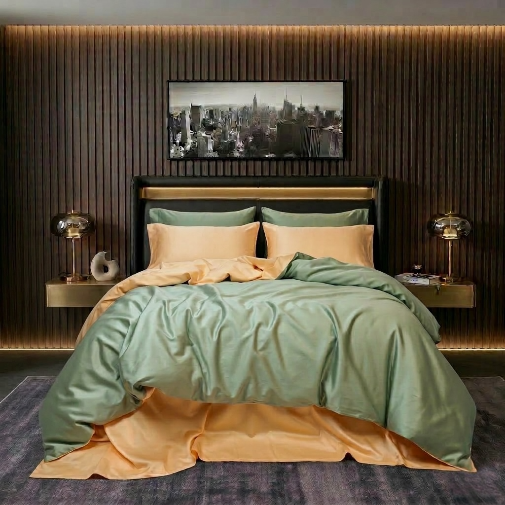 Постільна білизна з сатину, колір Green Fog & Soft Peach