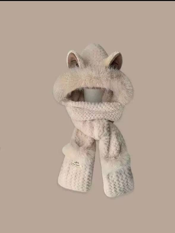 Шапка шарф з подовженим шарфом та рукавичками, бежева