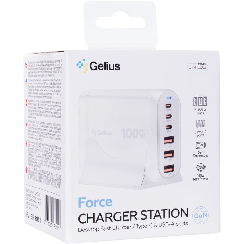 Мережевий зарядний пристрій Gelius Force GaN 100W GP-HC063 3USB-A + 3Type-C White