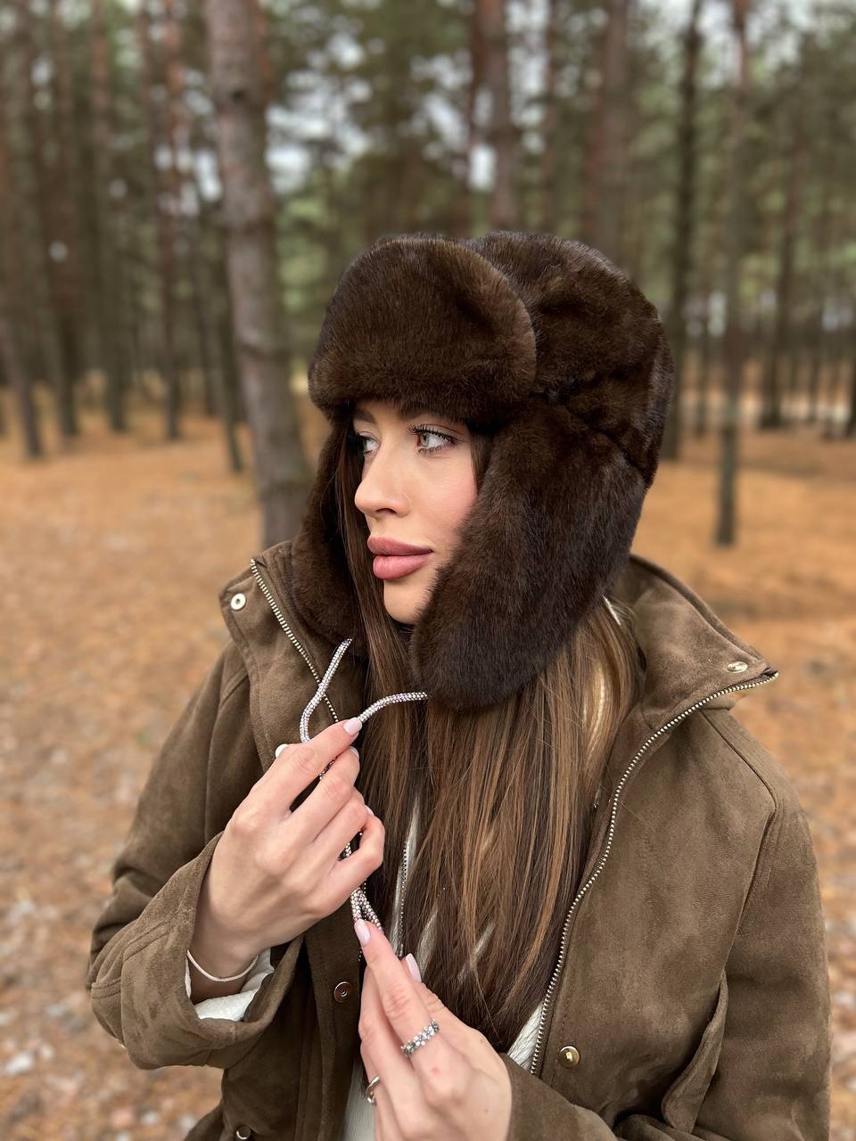 Вушанка з еко-хутра коричнева