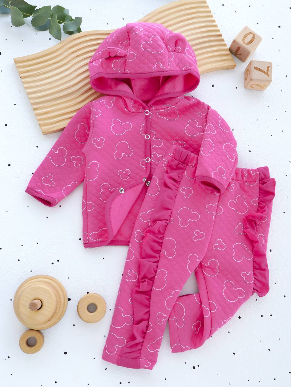 Комплект для новонародженого з капюшоном та вушками (кофта на кнопках + штанці), тканина капітон