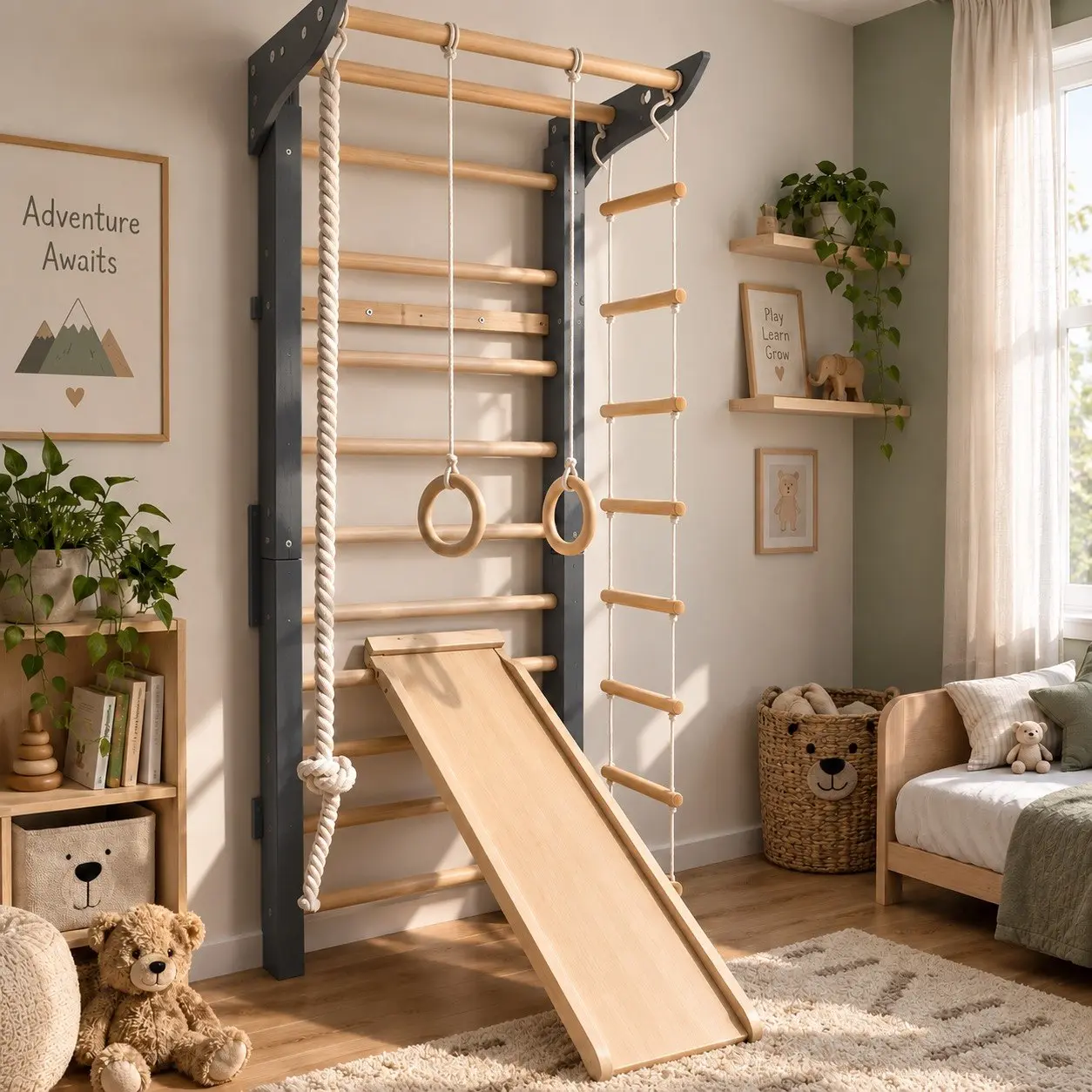 Leni Sprossenwand für Kinder aus Holz – Montessori Kletterturm in Braun mit Seil & Leiter
