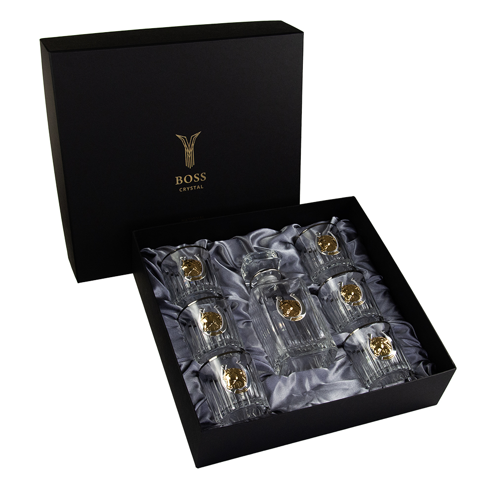 Набір для віскі "ЗОЛОТИЙ КIНЬ 2026" – графін та 6 келихів із кришталю, срібні накладки з позолотою, символ року