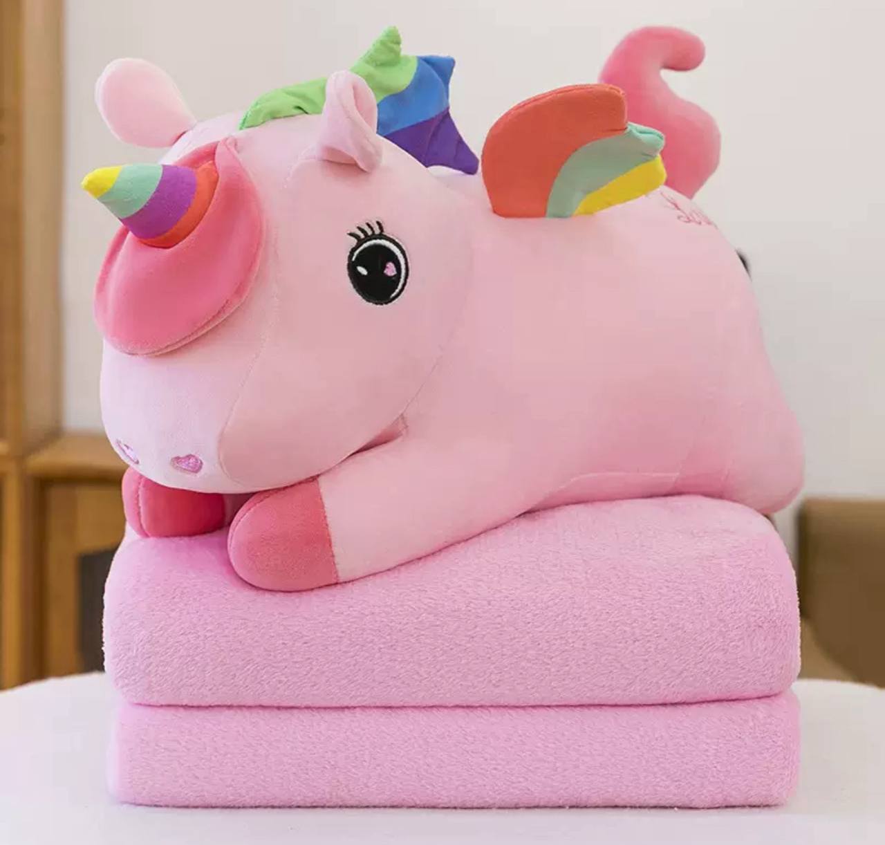 М'яка іграшка-подушка Єдиноріг з пледом рожева