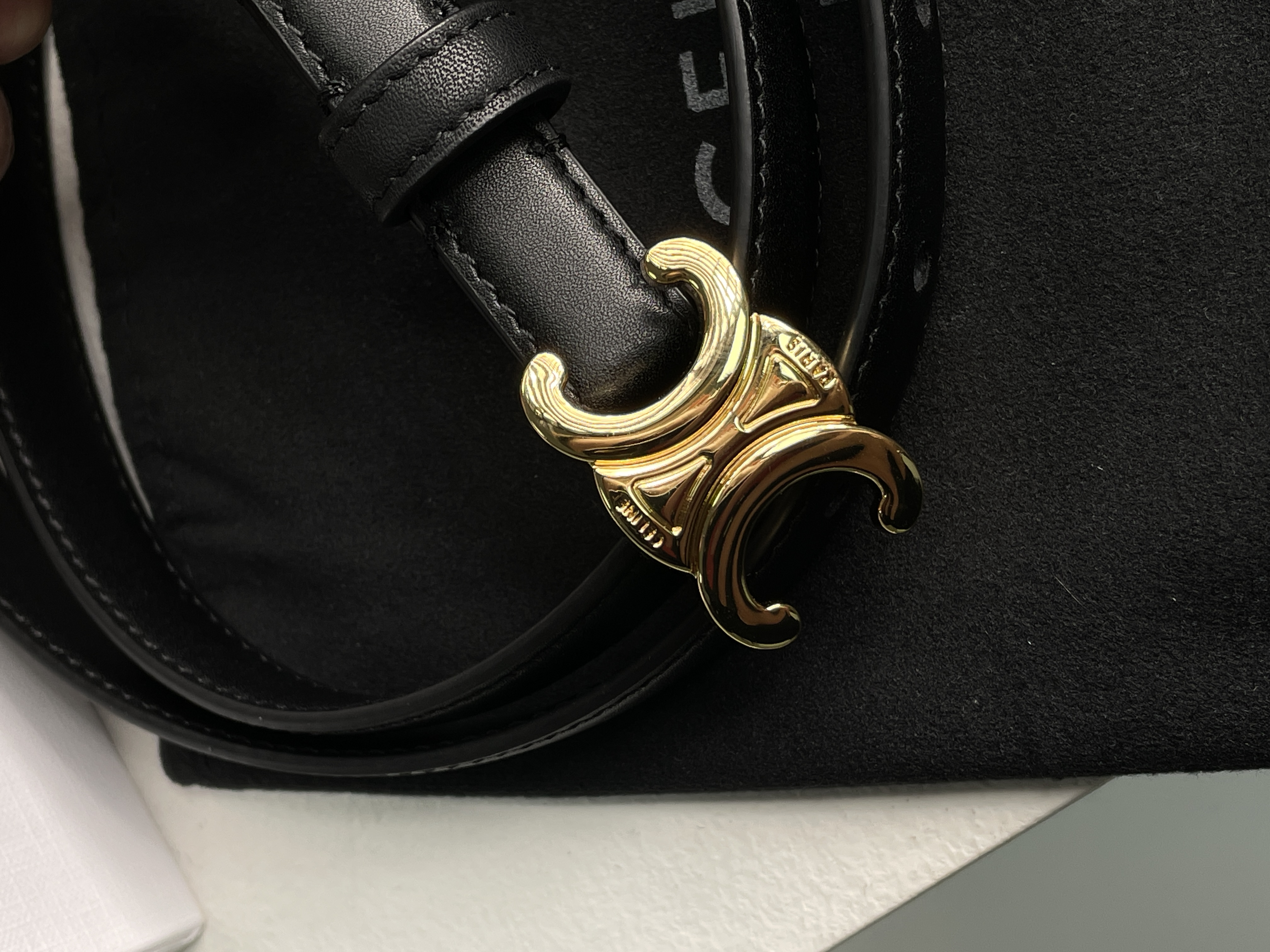Celine Medium Triomphe Belt In Taurillon Leather Black