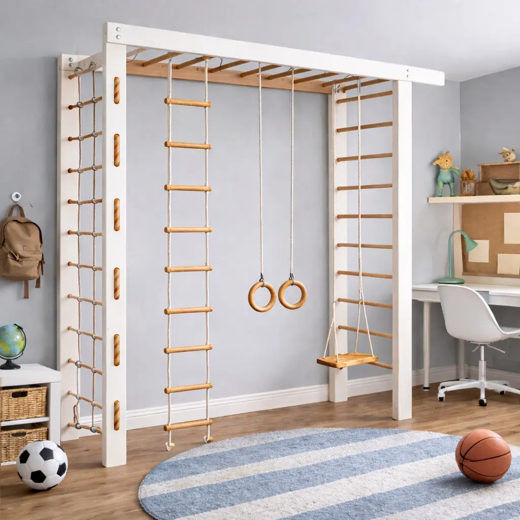 Mila – Natur-Weiß Indoor Kletterstation & Spielwand für Kinde