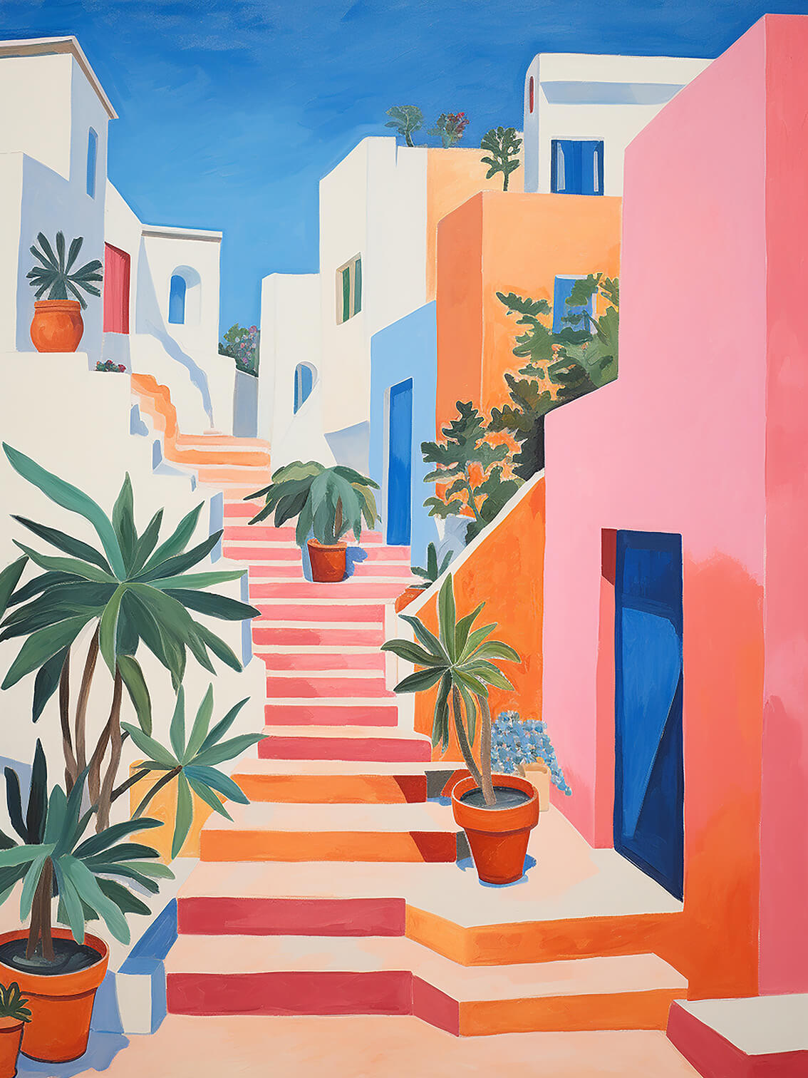 Pots on the stairs, 80x60 cm, original acrylic painting on canvas