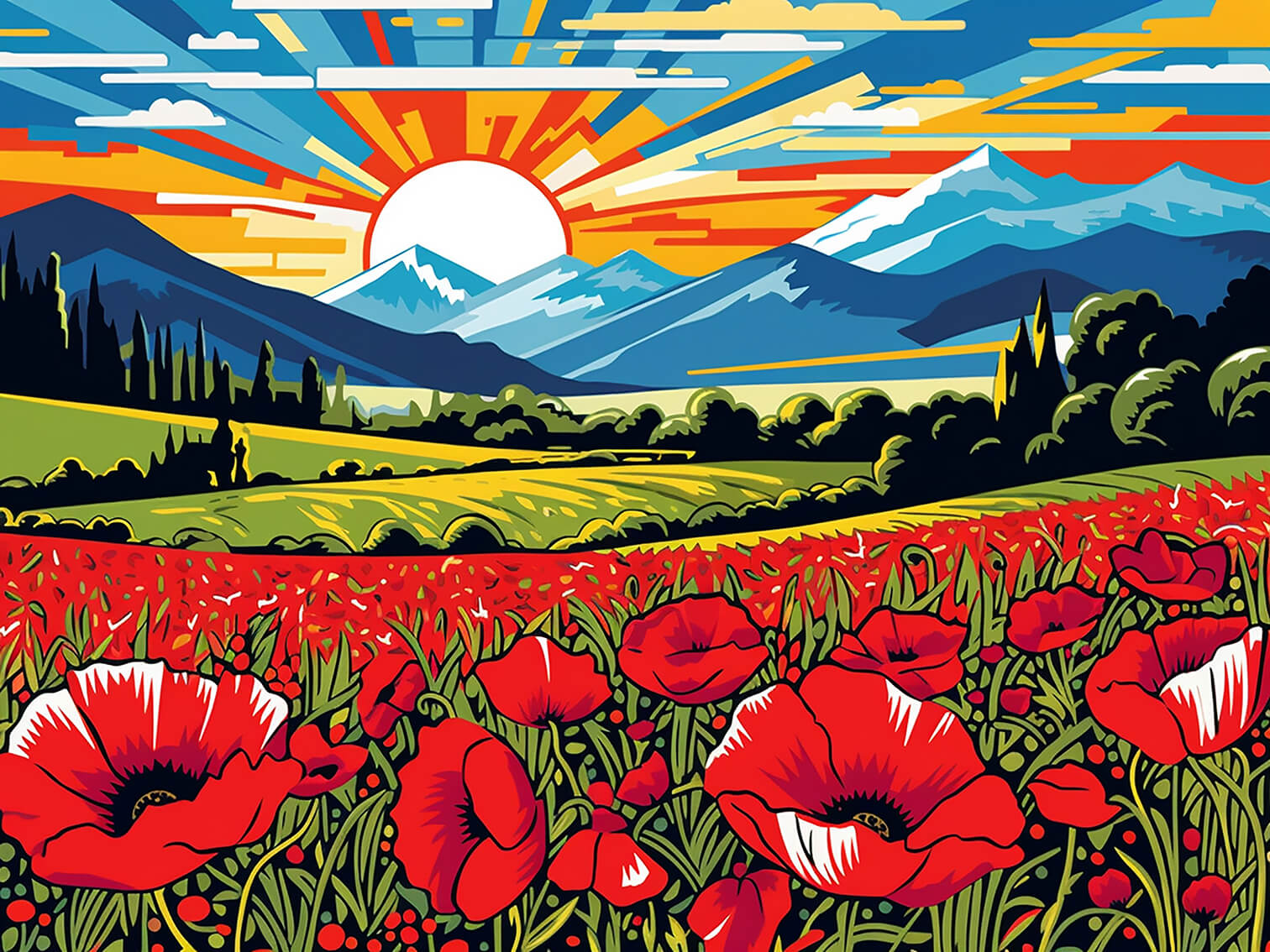 Poppies in the valley III, 60x80 cm, original acrylic painting on canvas