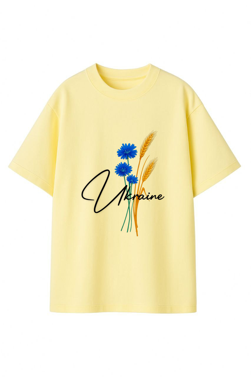 ФУТБОЛКА ОВЕРСАЙЗ ЖОВТА  З ПРИНТОМ "КОЛОСОК УКРАЇНА"
