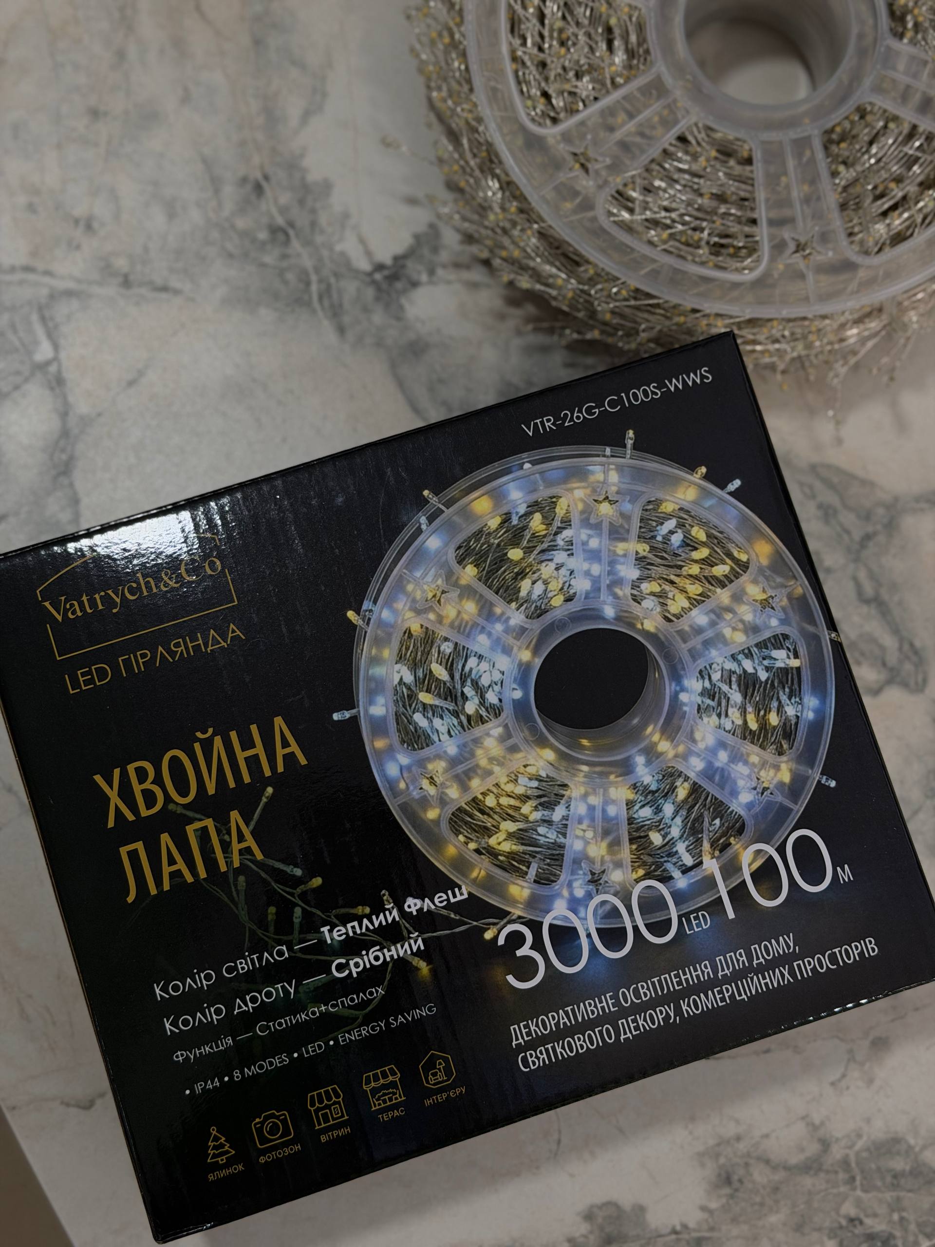 Гірлянда Хвойна Лапа Флеш 100 метрів 3000 LED лампочок, теплий білий на срібному дроті