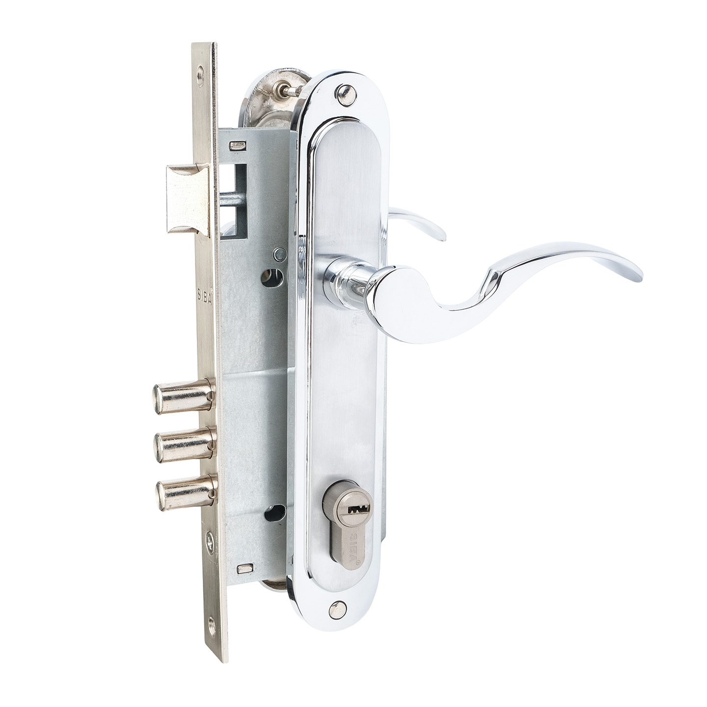 Комплект врізного замку з ручками SIBA Osimo 85 мм з циліндром, матовий хром/хром