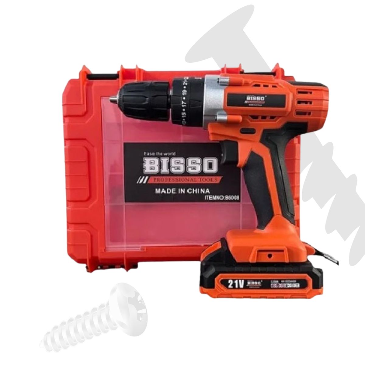 Акумуляторний шуруповерт BISSO B6008 21V у кейсі з набором насадок