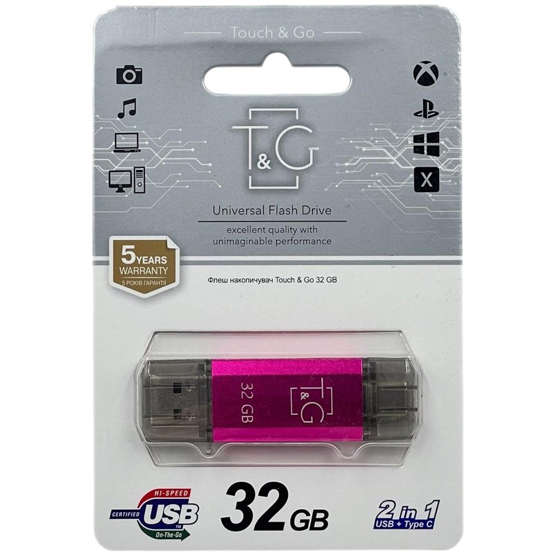USB флеш накопичувач T&G Star 009 32Gb USB-A/Type-C Magenta