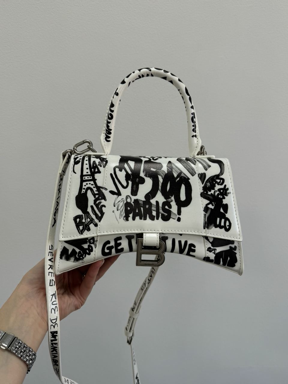 Balenciaga Hourglass Small Handbag Graffiti in White