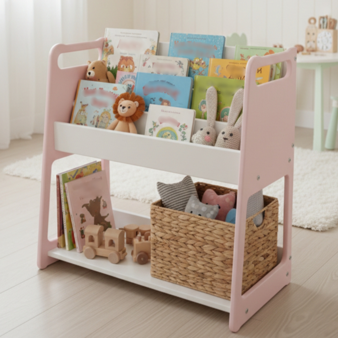 Дитячий стелаж дизайнерський Монтессорі для іграшок та книжок дерев'яний Кубі - рожевий/білий