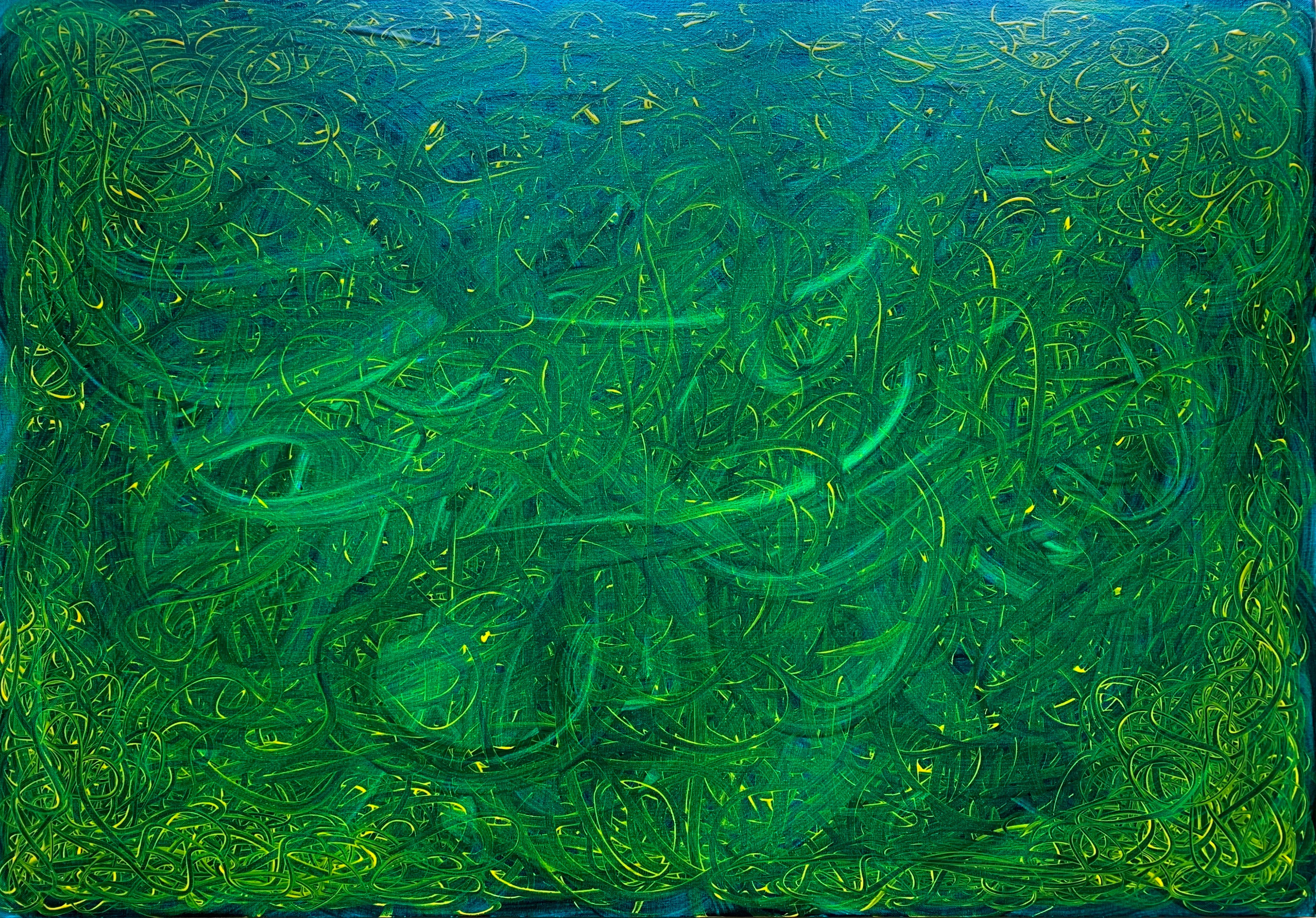 Yellow doodles on Green, 2023, Oil on canvas, 70*100 cm