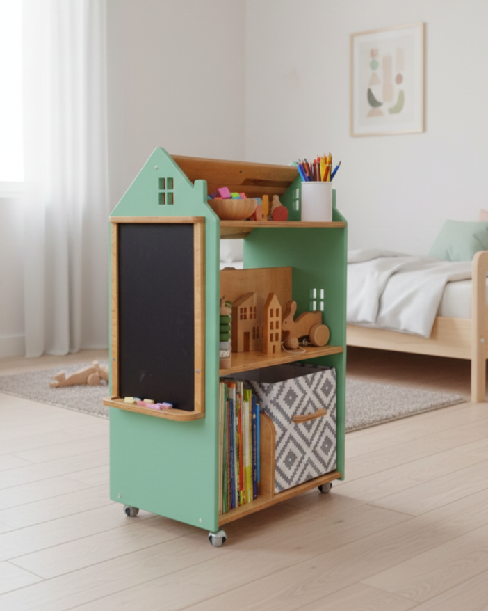 Дитячий стелаж дизайнерський Монтессорі для іграшок та книжок дерев'яний з грифельною дошкою на коліщатках Хмарочос - Зелений/лаковий