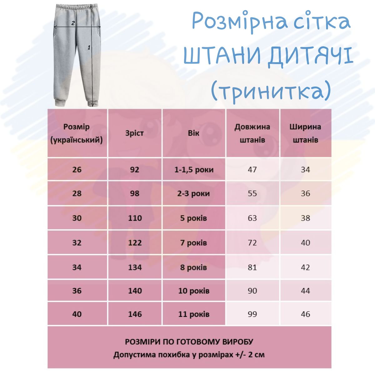 Розмірна сітка дитячого спортивного костюма