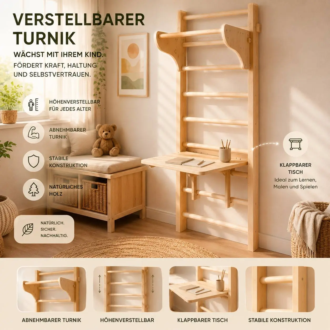 Noah – Kinder Sprossenwand mit abnehmbarem Turnrek & Klapptisch aus Holz