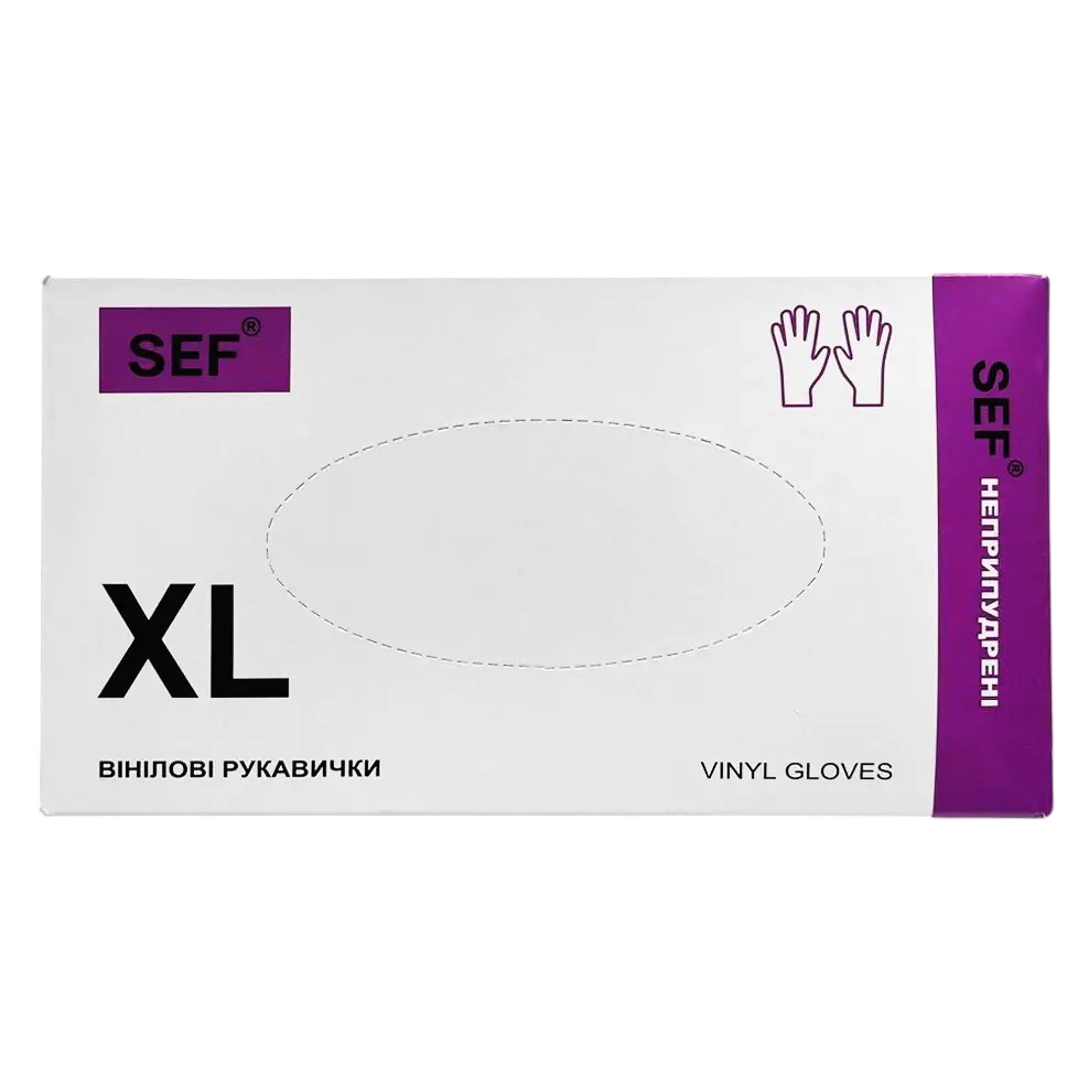 Вінілові рукавички оглядові SEF, розмір ХL, 100 шт (50 пар)