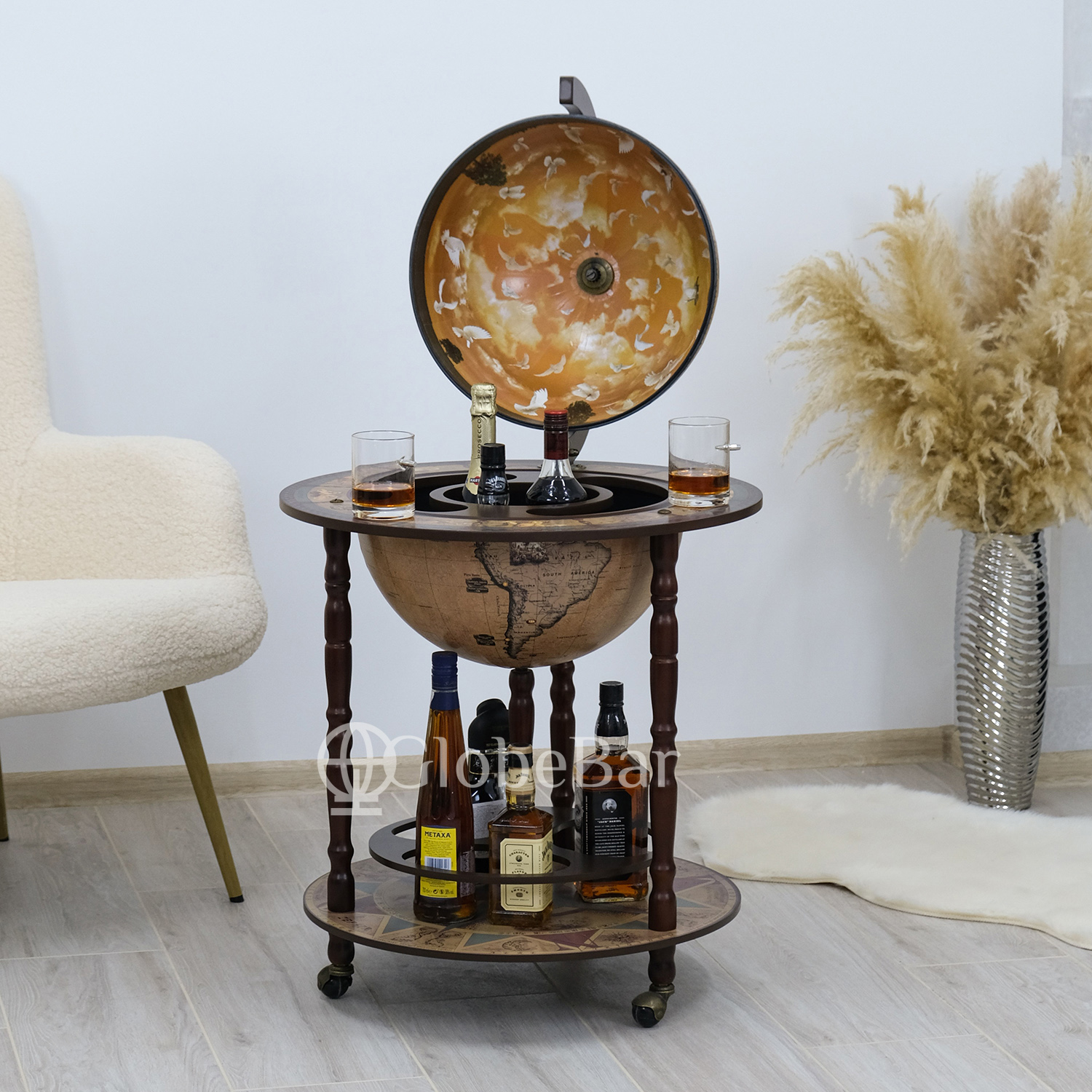 Глобус-бар напольный на 3-4 бутылки, диаметр 42 см, кремовый (60 х 60 х 93 см), 42001N
