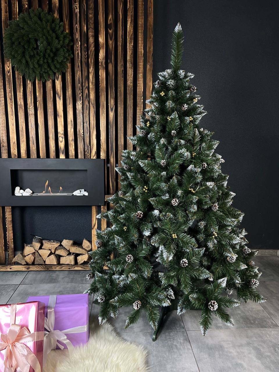 Ялинка «Елітна з шишкою + калина» ЗОЛОТА - 1.8м. ✨ (червона, синя, срібна)