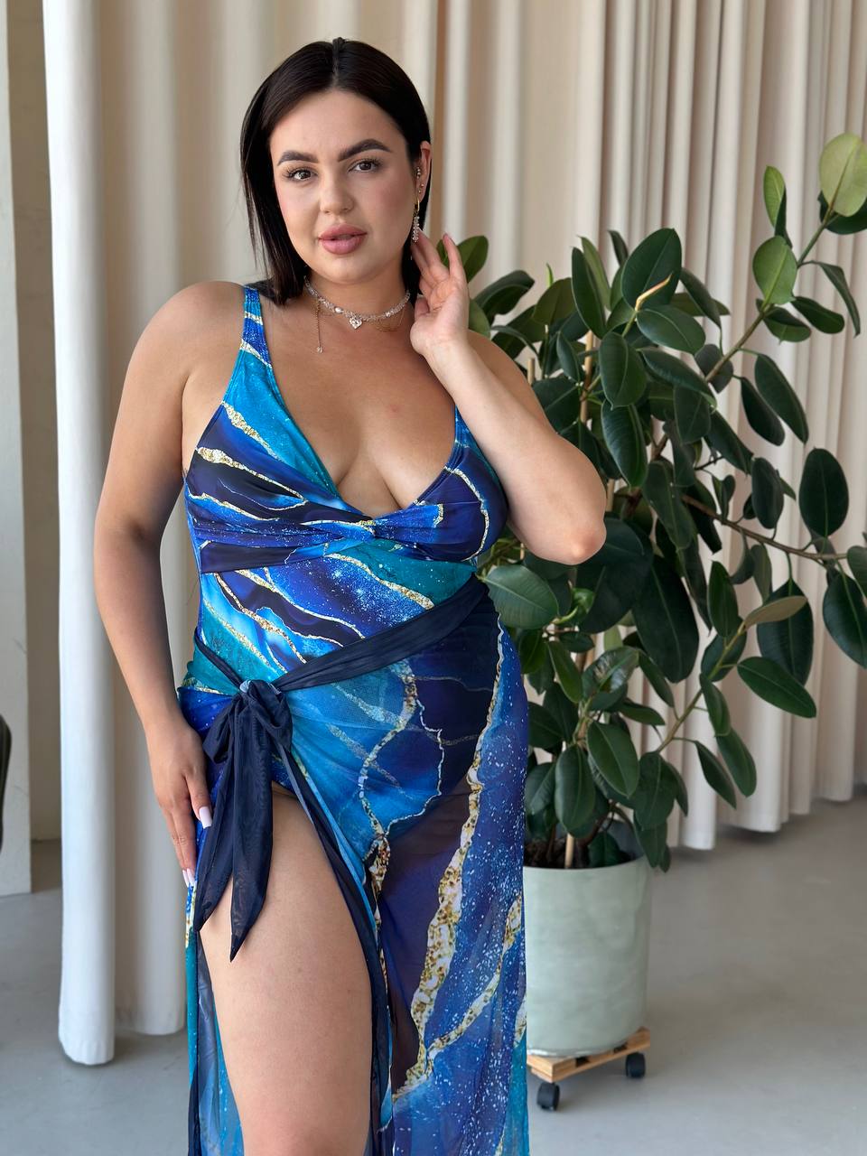 Роскошный купальник с парео для девочек plus size 🌊синий цвет
