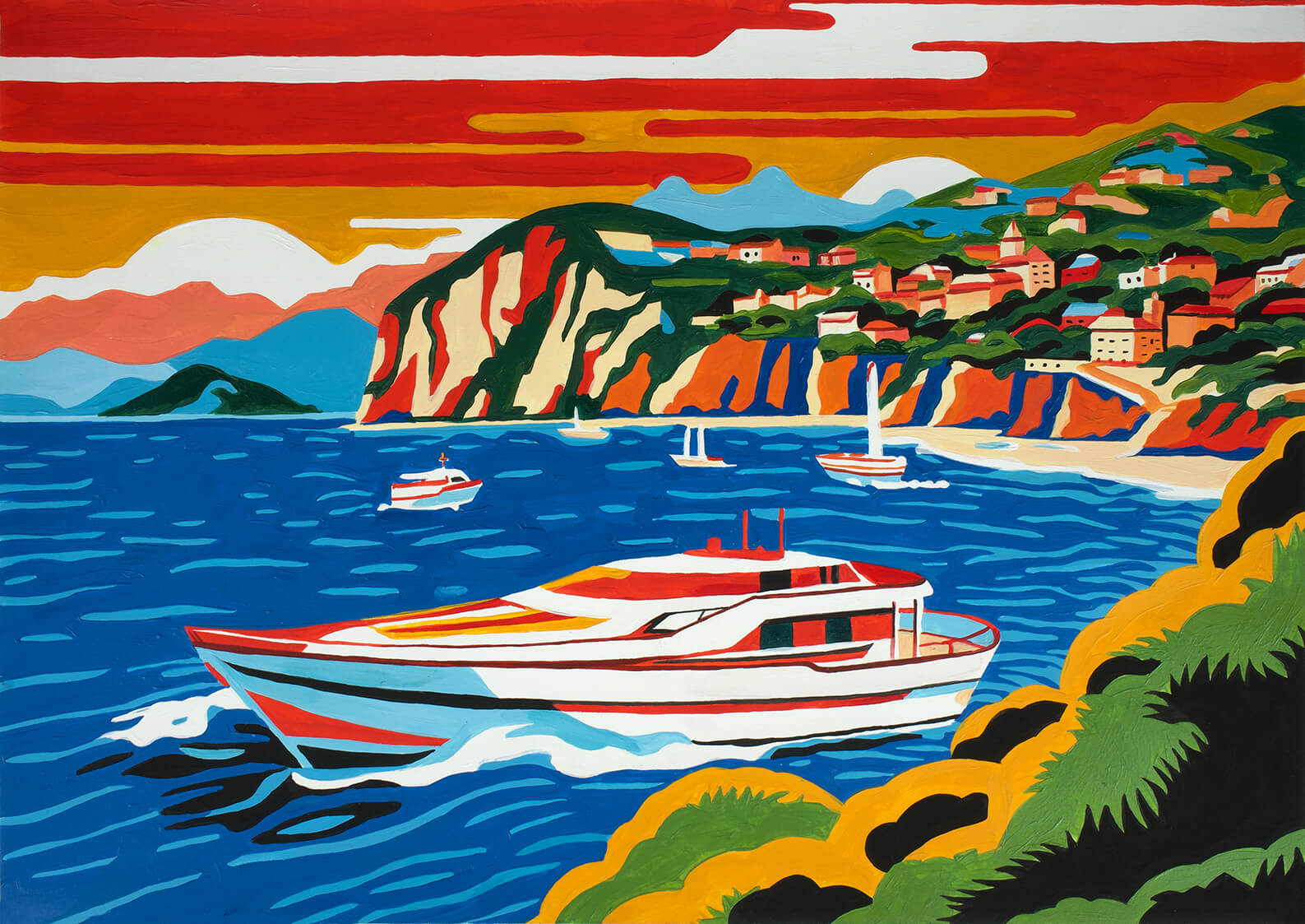 Yachts in the bay II, 30x42 cm original acrylic painting on paper