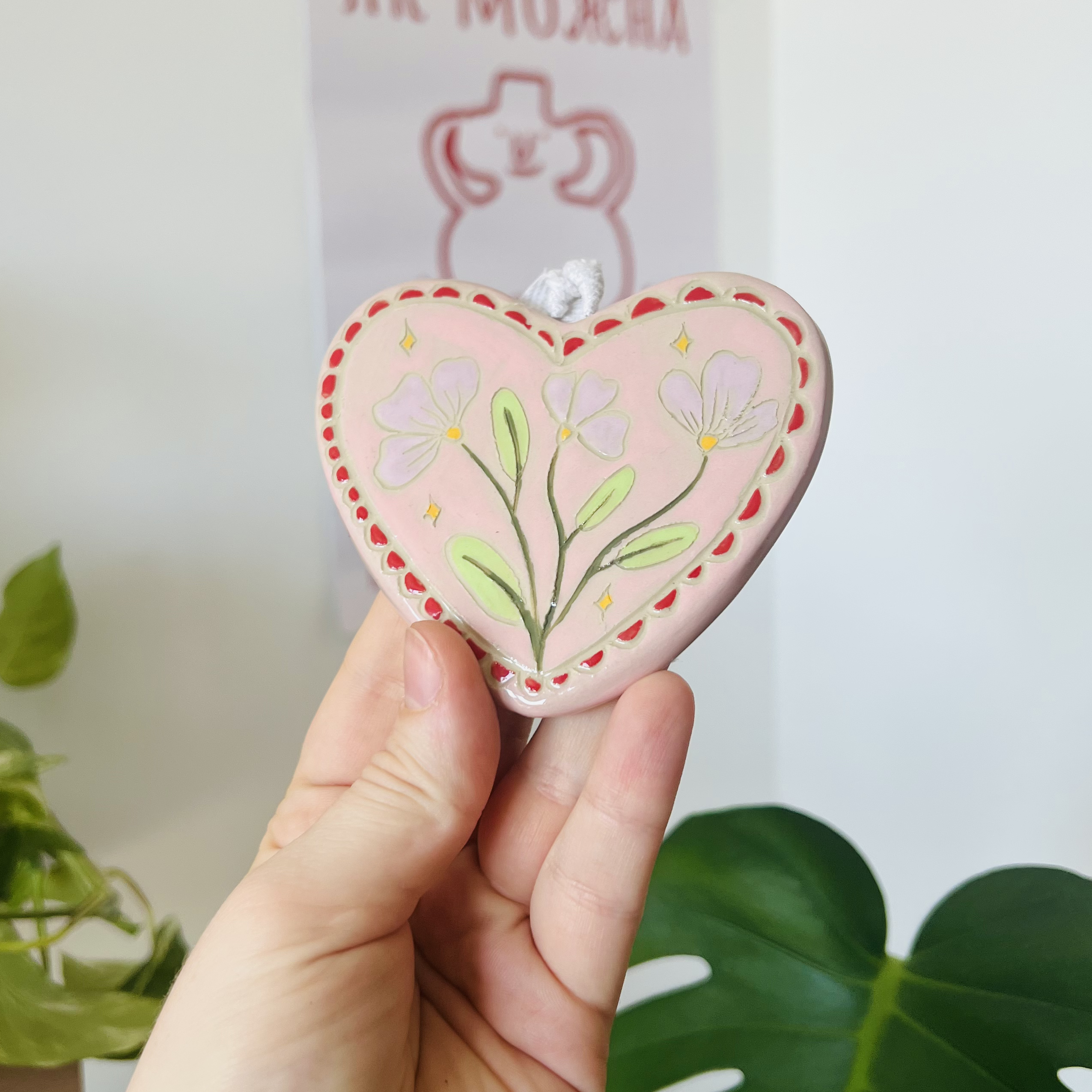 Handmade Heart-Shaped Ceramic Wall Decor with Hand-Painted Flowers - Pink Floral Design