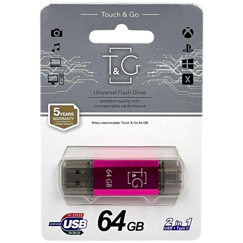 USB флеш накопичувач T&G 009 Star 64Gb USB-A/Type-C Magenta