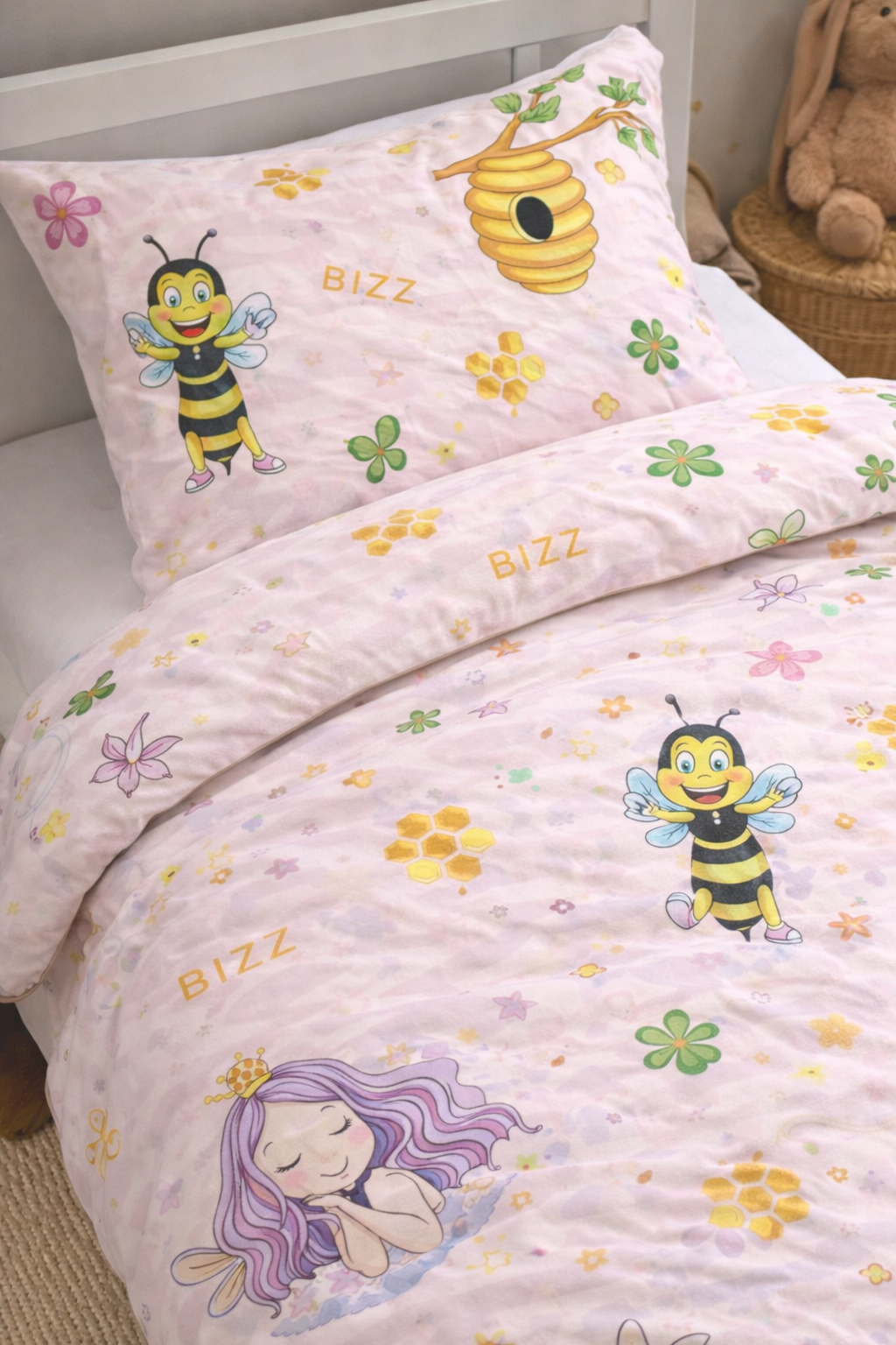 Постільна білизна для дівчаток ранфорс прінт  "Бджілки  на рожевому"