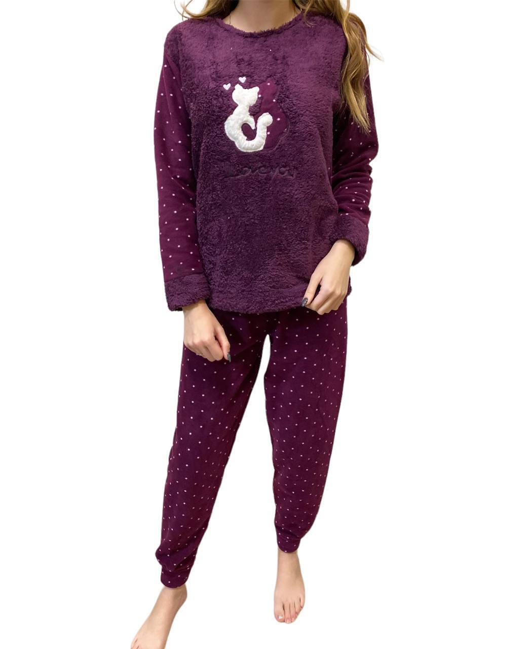 Жіноча піжама "Котики" фіолетова мікрофібра + махра розмір М