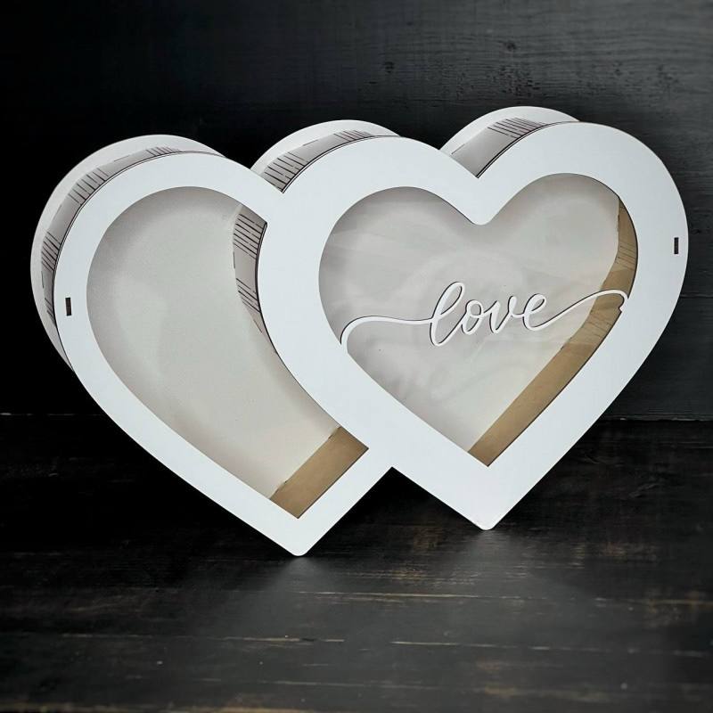 Бокс "Подвійне серце №13" білий, з прозорою кришкою 24х40х7 см