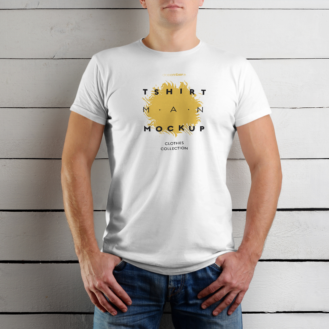 9 T-Shirt Men's Mockups on Wooden Background