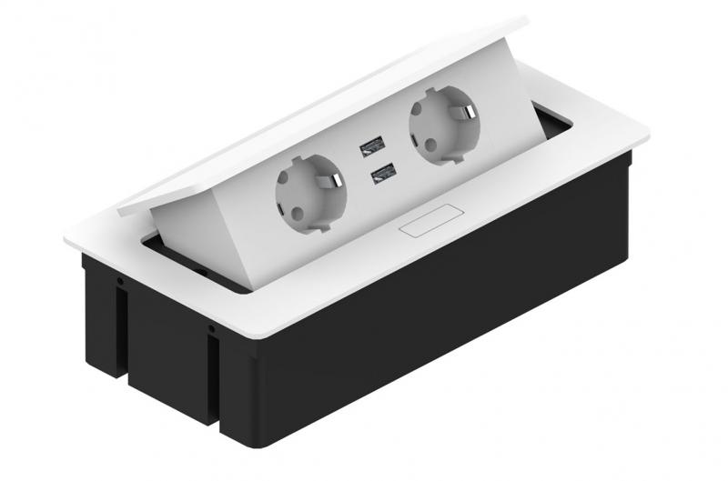 Врізний блок на 2 розетки та 2 USB, блок врізний на 2 розетки та 2 USB з підйомною кришкою білий