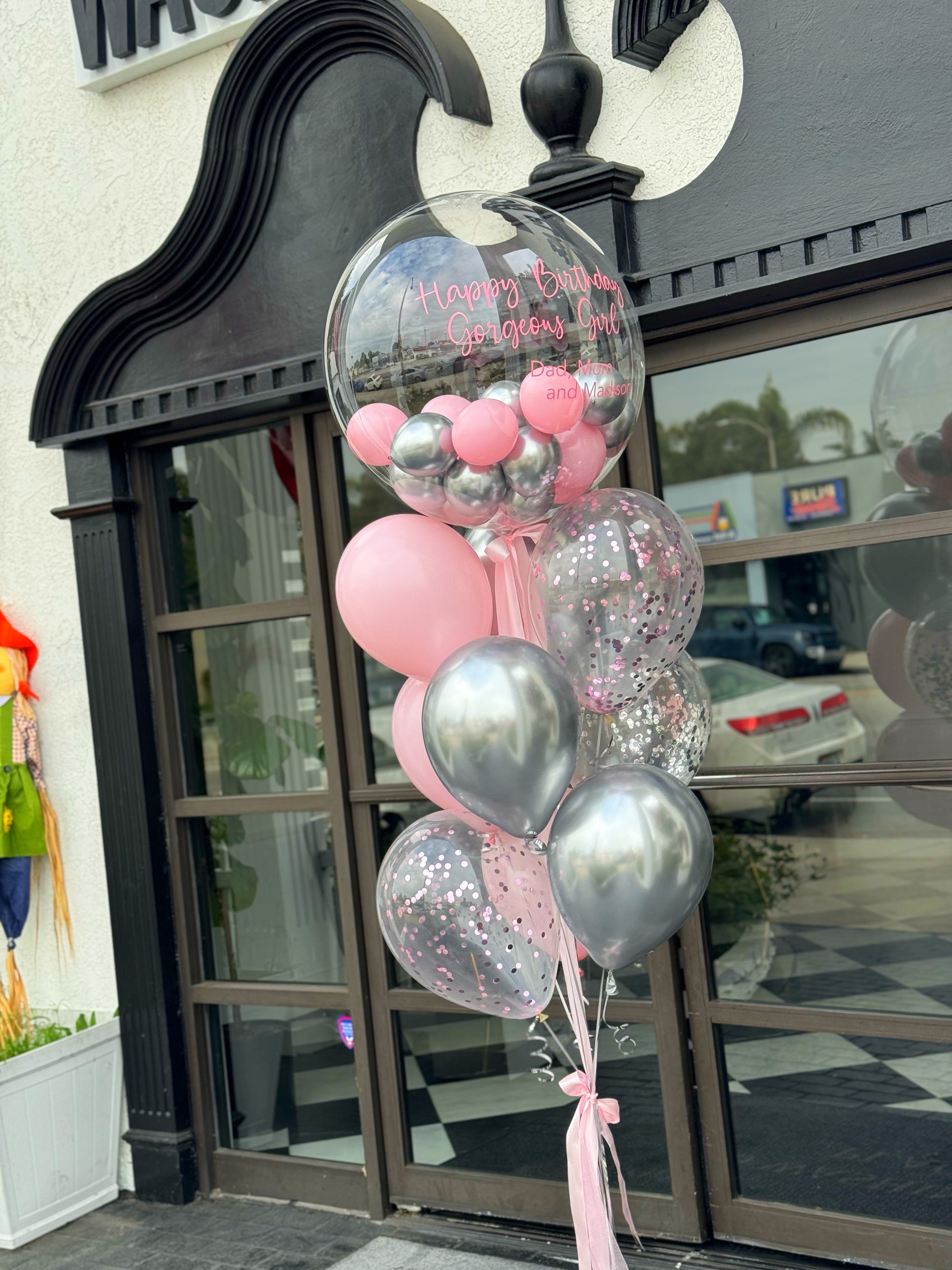 Luxury Helium Balloon Bouquet - Pink & Silver. Personal inscription