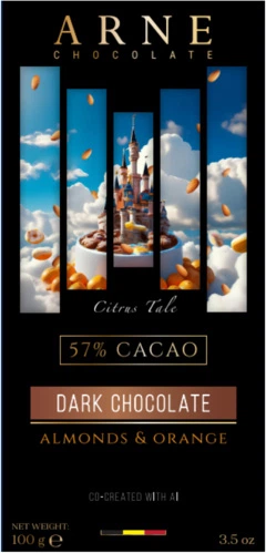 Шоколад Arne чорний 57% з мигдалем та апельсином 100 г