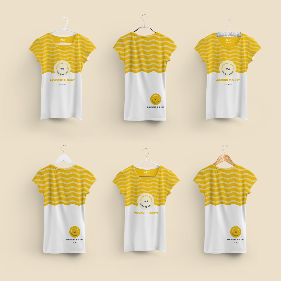 2 Mockups Woman T-shirts On 6 Different Hangers