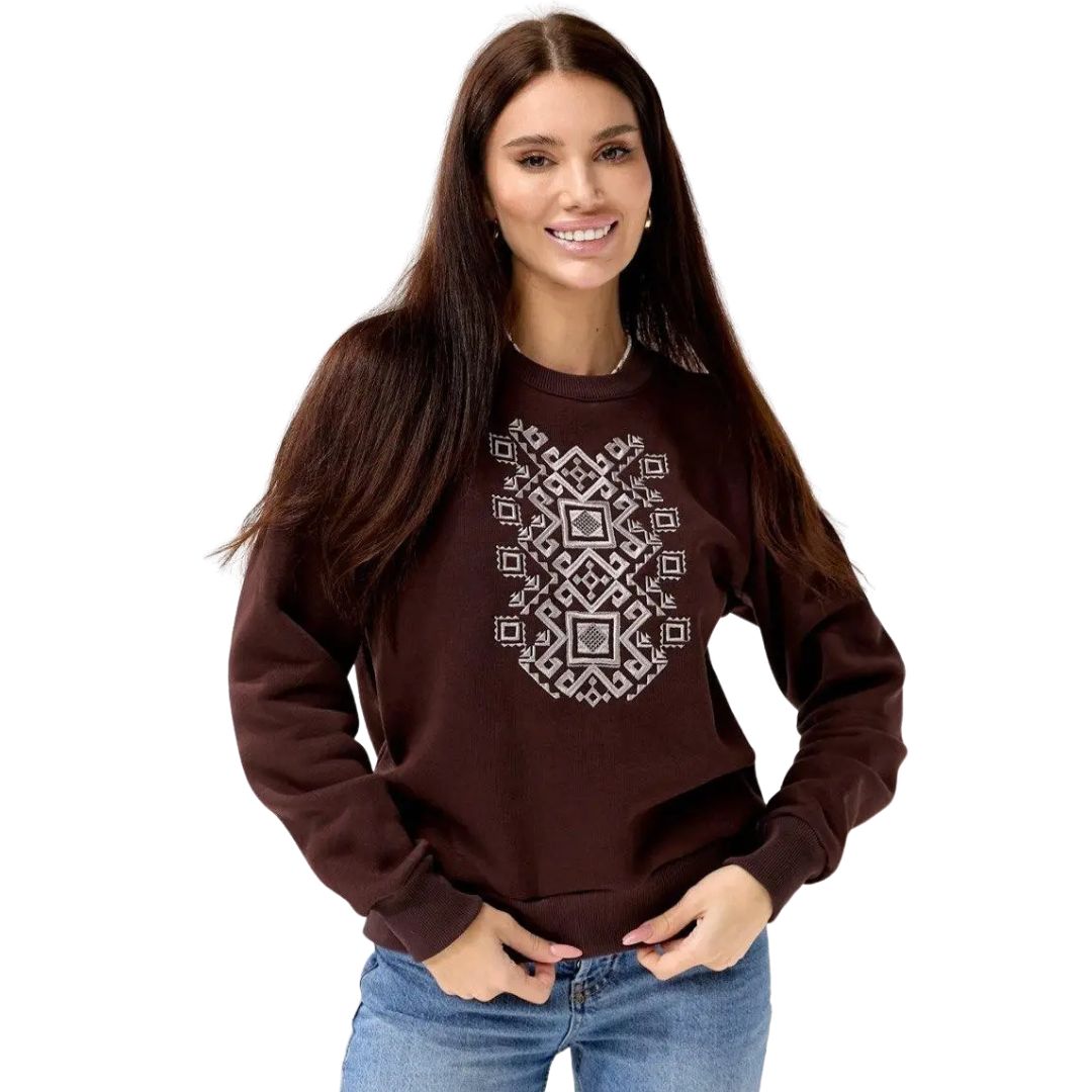 Жіночий світшот вишиванка коричневий на флісі