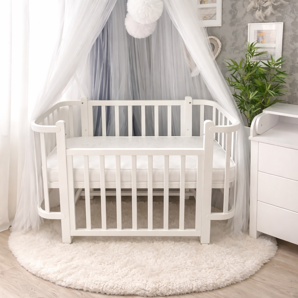 Ліжечко Престиж опускний бортик з матрасом, маятником та колесами біле