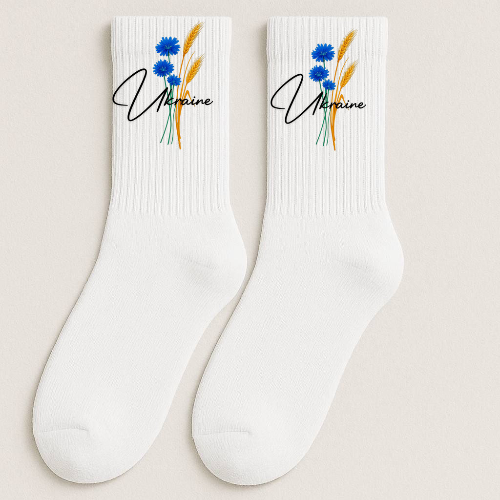 ШКАРПЕТКИ ВИСОКА РЕЗИНКА ДОРОСЛІ БІЛІ З ПРИНТОМ "КОЛОСОК УКРАЇНА"