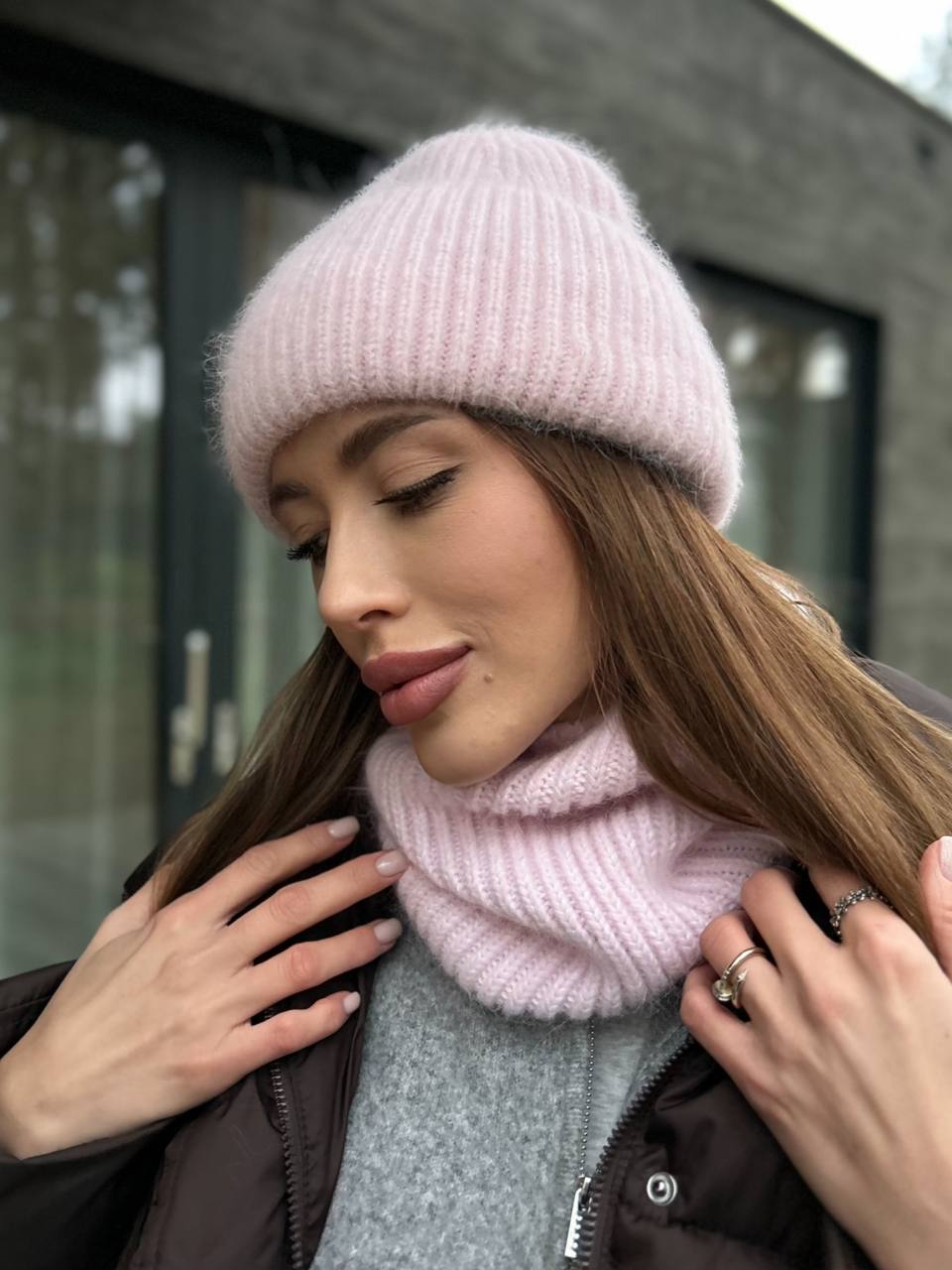 Комплект з ангори шапка на флісі та баф ніжно-рожевий