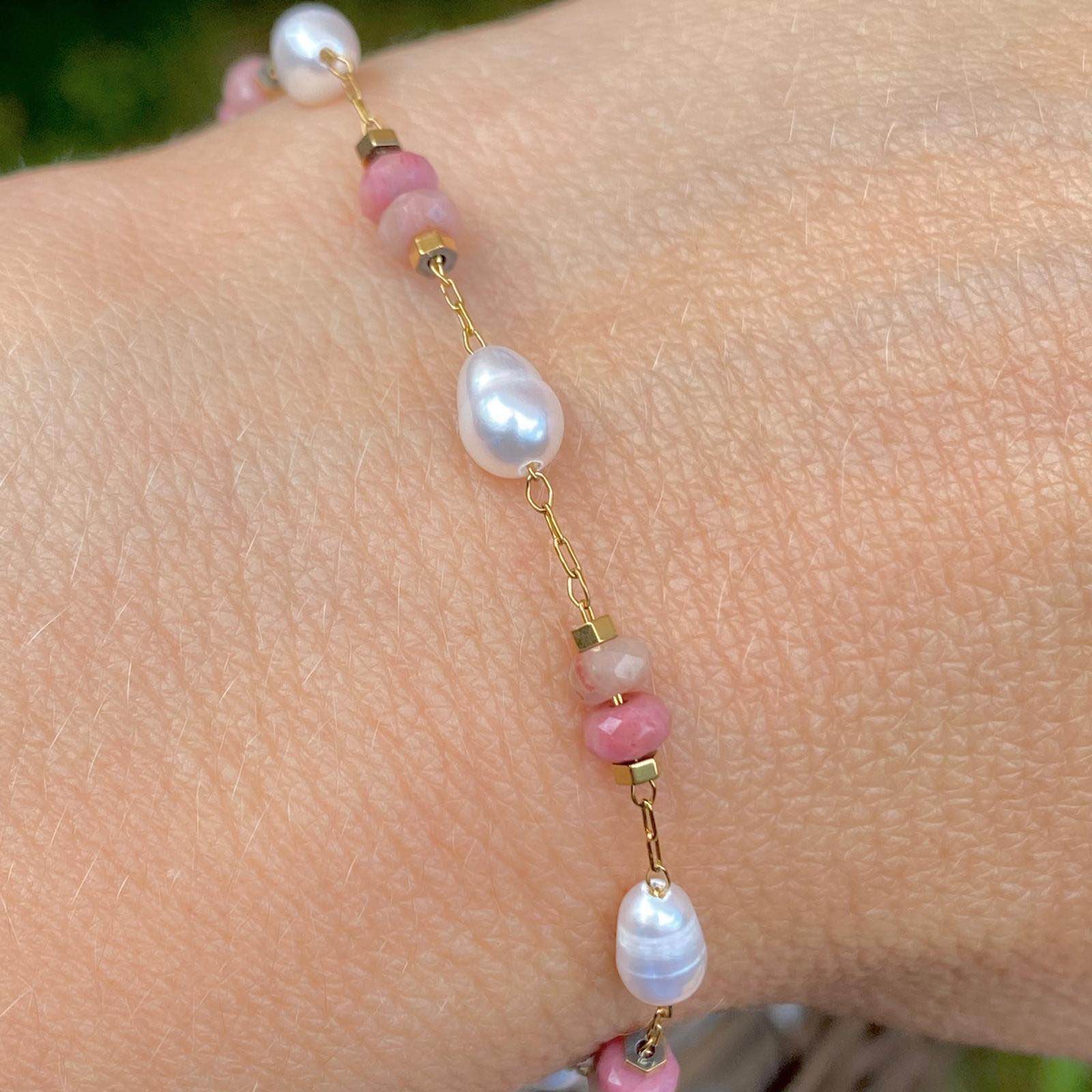 Rhodonite & Freshwater Pearl Bracelet | Stainless Steel Chain Bracelet 