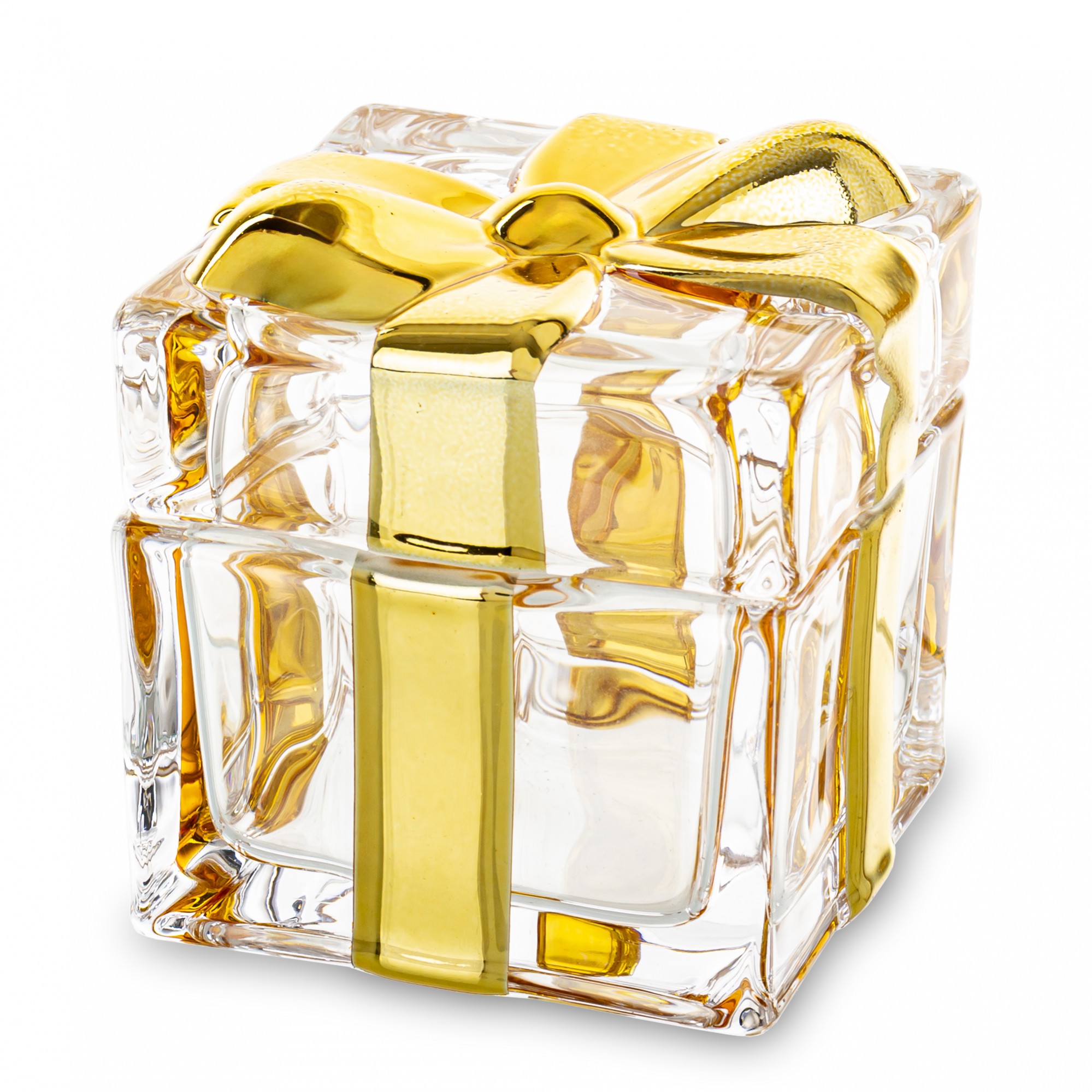 Скляна ємність з жовтим бантом у формі подарунку 8×8,5×8,5 см