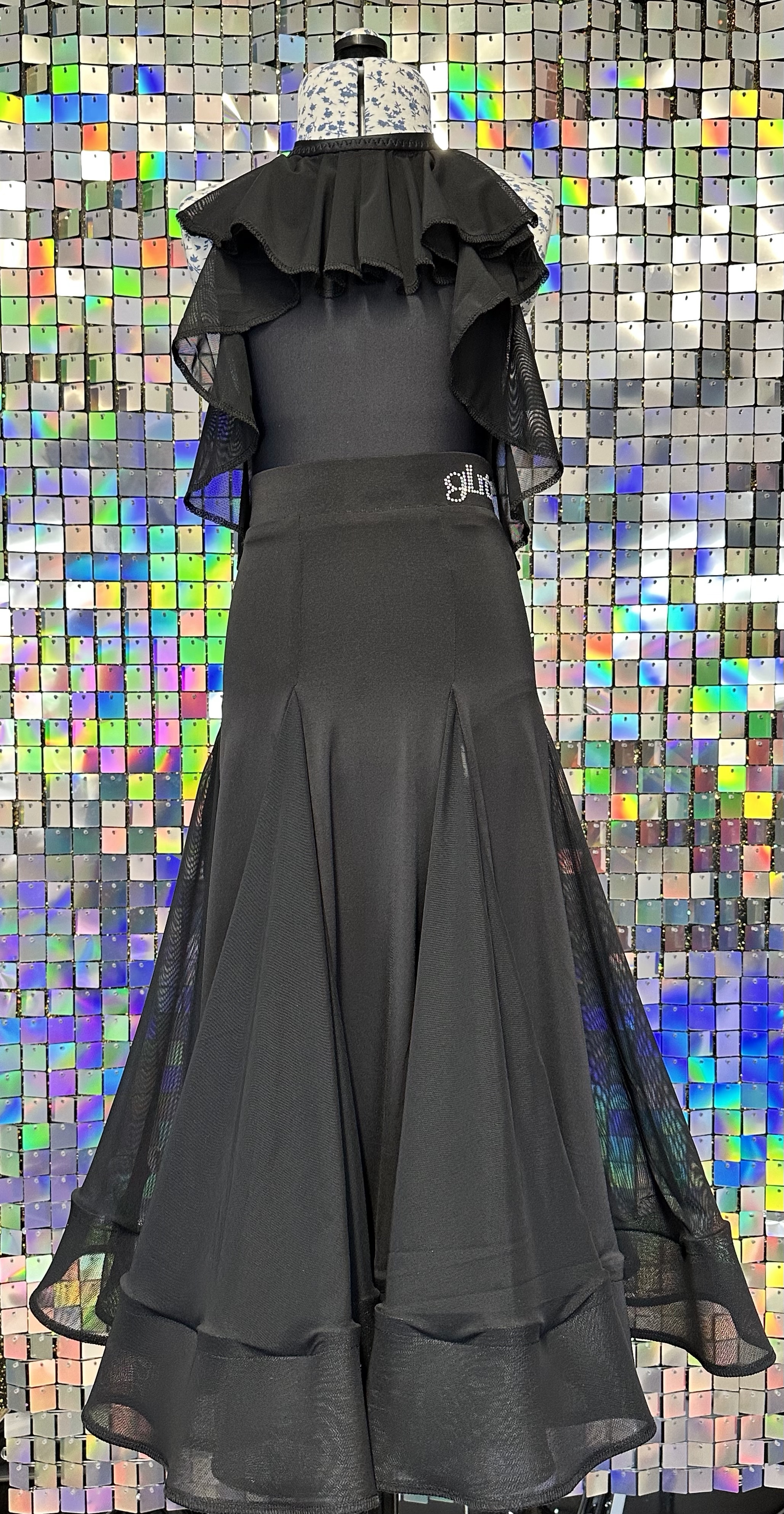 Ballroom skirt with mesh insert godets & crinoline hem