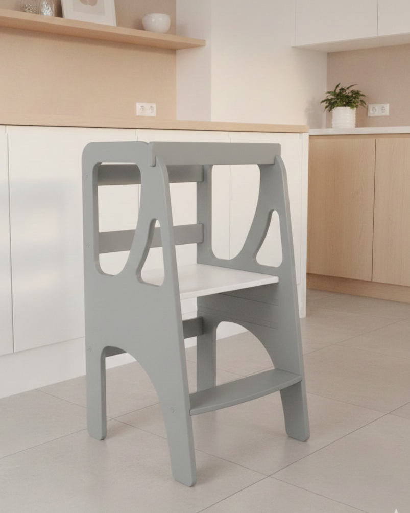 Вежа помічника Монтессорі дизайнерська регульована по висоті дерев'яна FunEra - Темно-сіро/біла