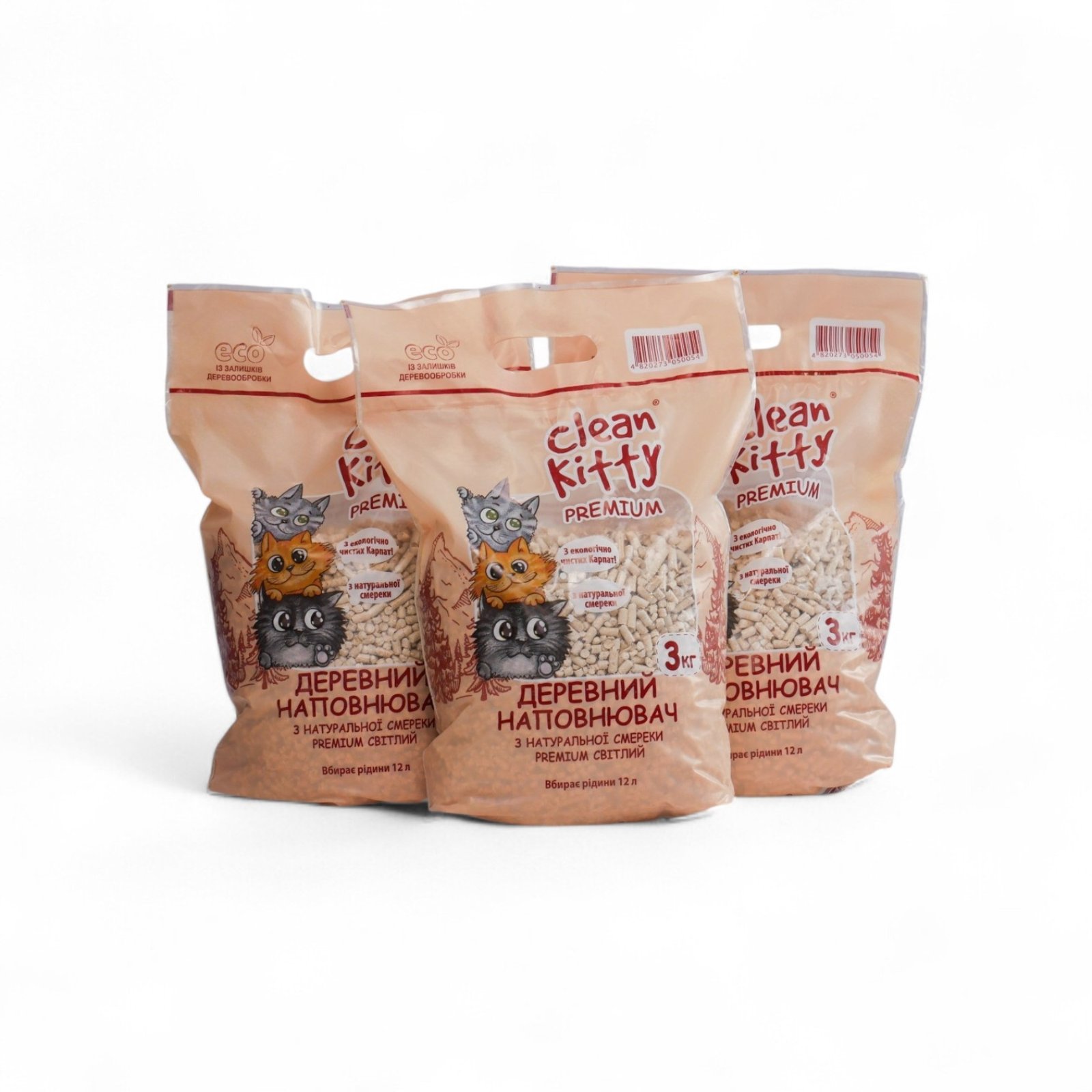 Clean Kitty Premium Коробка по 3 штуки - світлий деревний наповнювач зі смереки, 3 по 3 кг